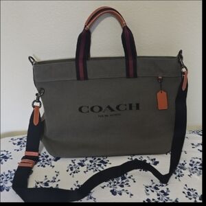 Coach Gray and Black Men's Messenger Bag with Orange Accents